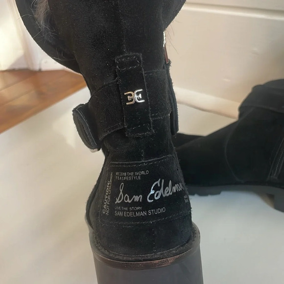 Sam Edelman women’s size 6.5 Jeanie Black Leather Boots faux fur lining multi - Picture 2 of 10